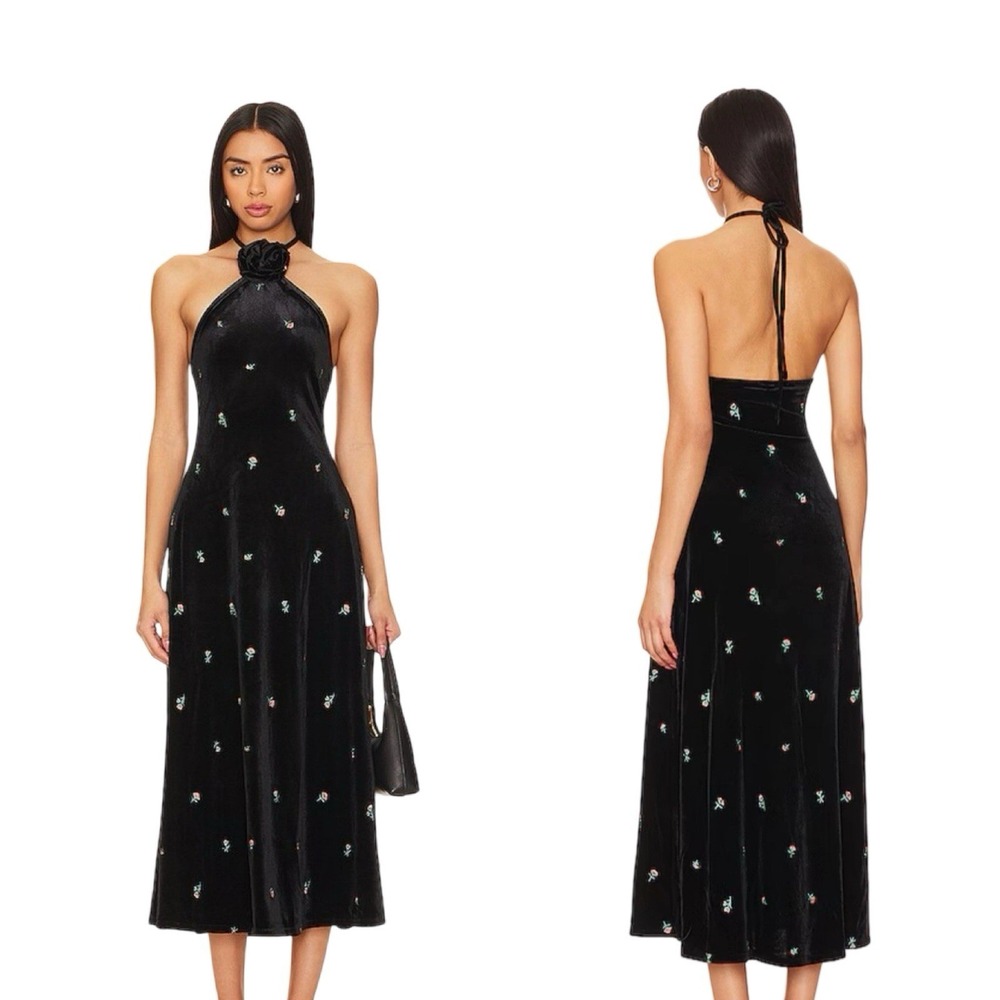 WeWoreWhat Black High Neck Flower Emboidered‎ Velvet Dress Size XS ($168)